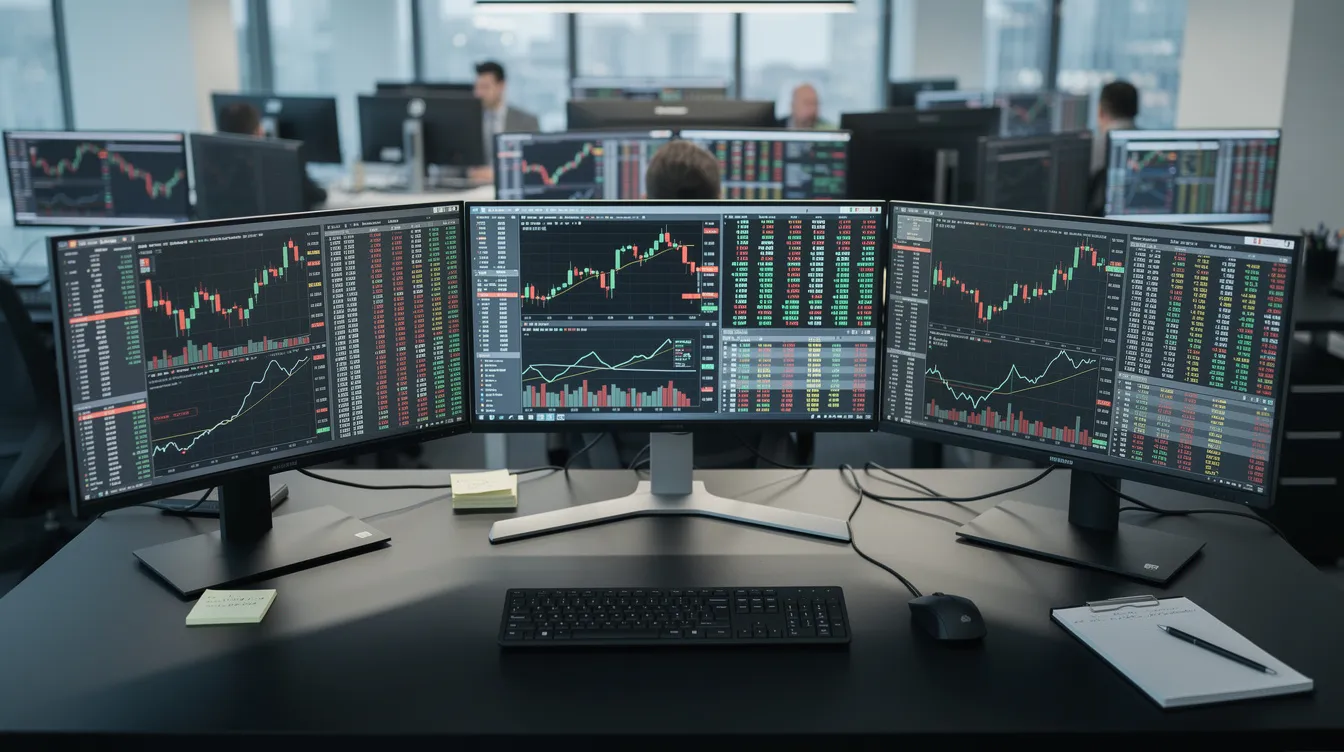 The image features multiple computer monitors in a professional trading environment, showcasing various trading charts and market data related to cryptocurrency trading. This setup illustrates the use of automated trading bots and advanced trading strategies employed by serious traders to analyze market conditions and execute trades effectively.