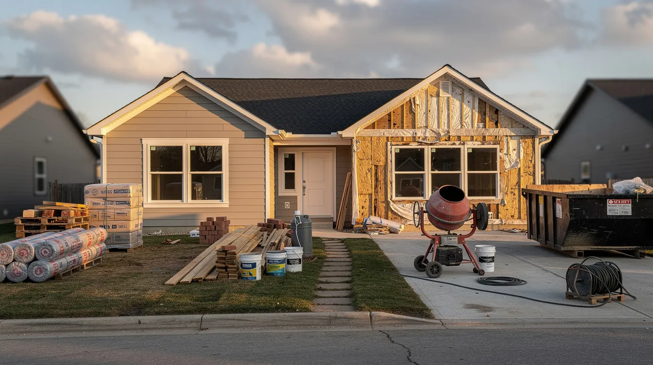 The image shows a partially renovated residential property with various construction materials scattered in the front yard, suggesting ongoing work for small business owners looking to establish their own business. This scene reflects the potential for investment capital and the importance of maintaining cash flow during renovations.