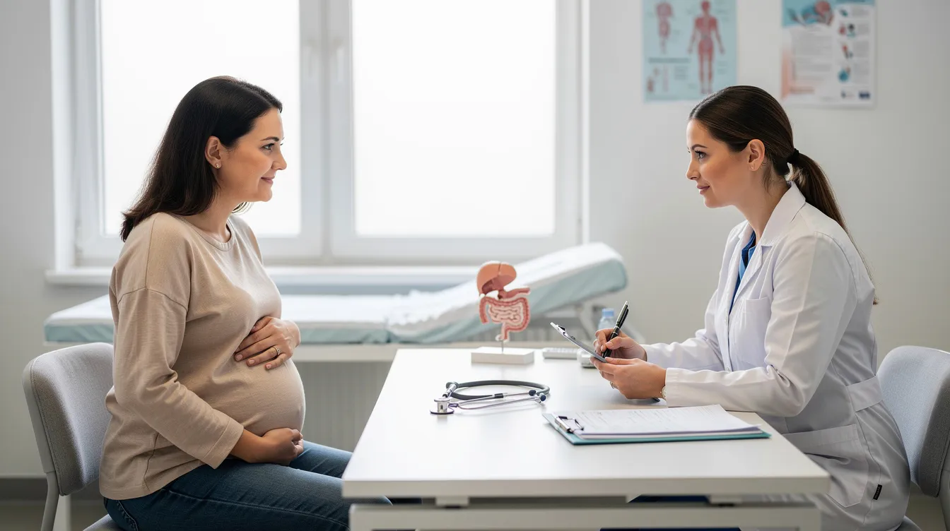 L'image montre une consultation médicale entre une femme enceinte et un professionnel de santé, où ils discutent des étapes de la grossesse et des processus liés à la fécondation, comme la double ovulation. Le professionnel explique également les symptômes et le développement des ovules au cours du cycle menstruel.