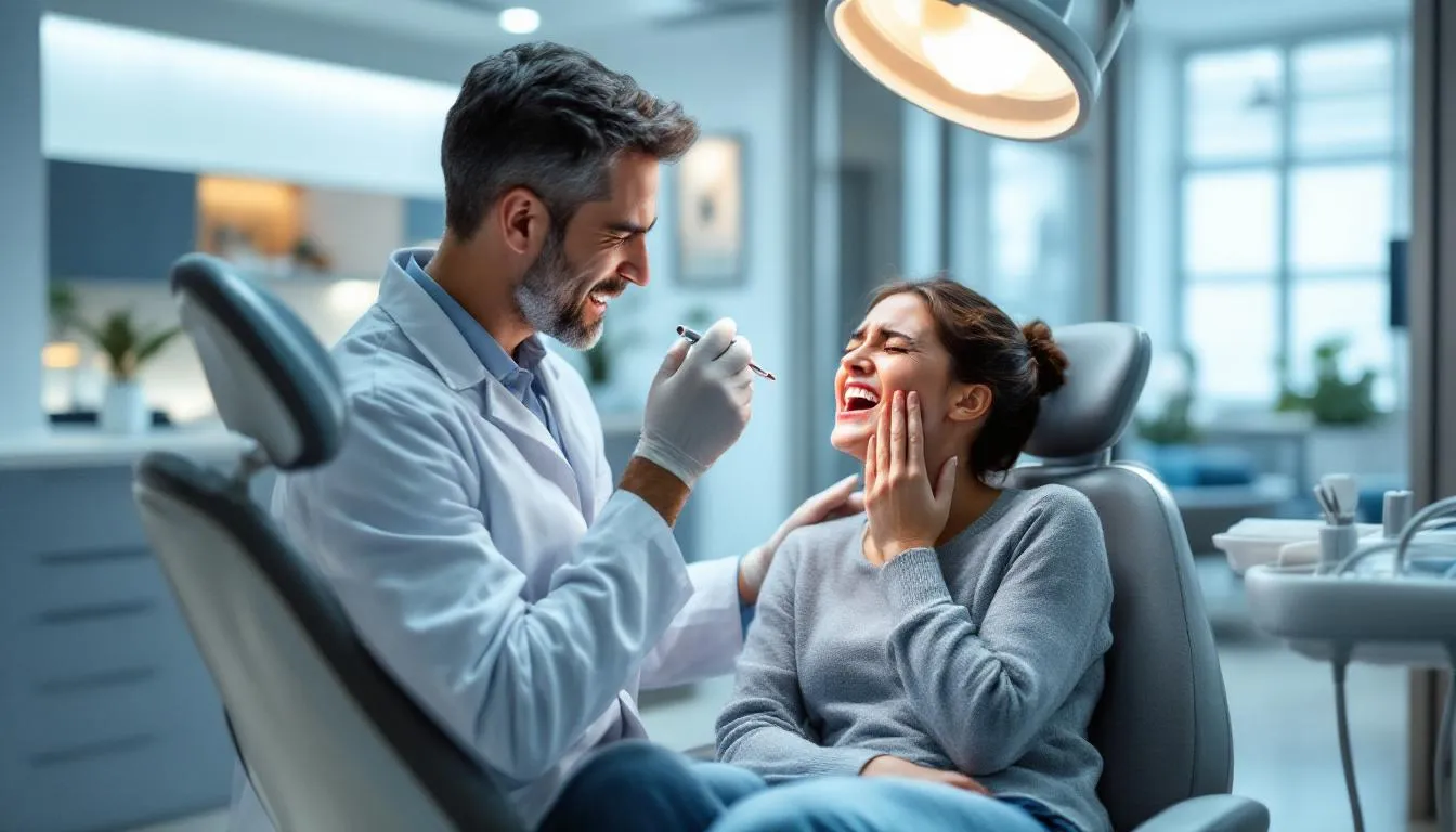 The image illustrates various scenarios of a dental emergency, including a person experiencing a severe toothache, a badly cracked tooth, and a knocked-out tooth, emphasizing the need for immediate dental care. It highlights the importance of timely treatment to alleviate pain and prevent further complications.