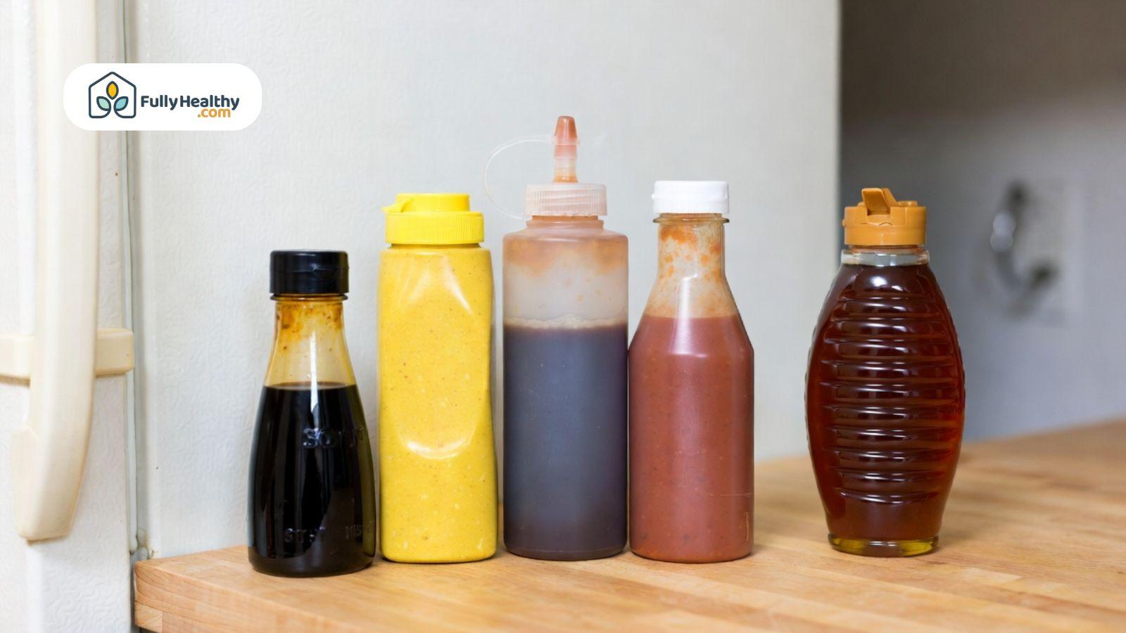 Shelf-stable condiments including mustard, soy sauce, and honey displayed.