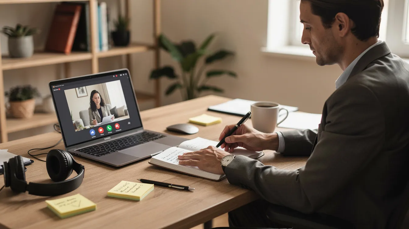 A business coach is seen preparing notes and setting up a laptop for an upcoming virtual client session, highlighting the importance of effective coaching services in supporting clients' professional growth and career transitions. The scene emphasizes the coach's focus on leadership skills and the tools necessary for successful one-on-one sessions.