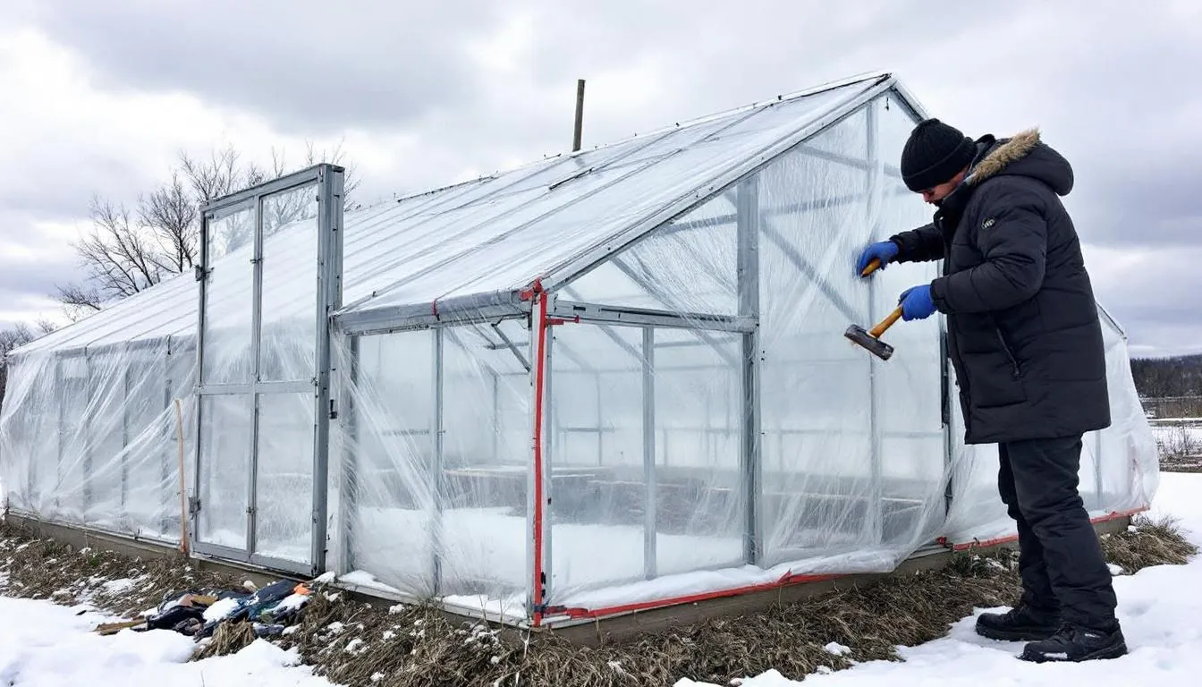 In der Abbildung sind Wintervorbereitungen am Tomatengewächshaus zu sehen, wo ein Foliengewächshaus mit PE-Gitterfolie abgedeckt ist, um die Tomatenpflanzen vor kalten Temperaturen und Wetterbedingungen zu schützen. Das Gewächshaus steht in einem Garten und zeigt eine sorgfältige Anordnung von Materialien und Werkzeugen für die Pflege der Pflanzen.