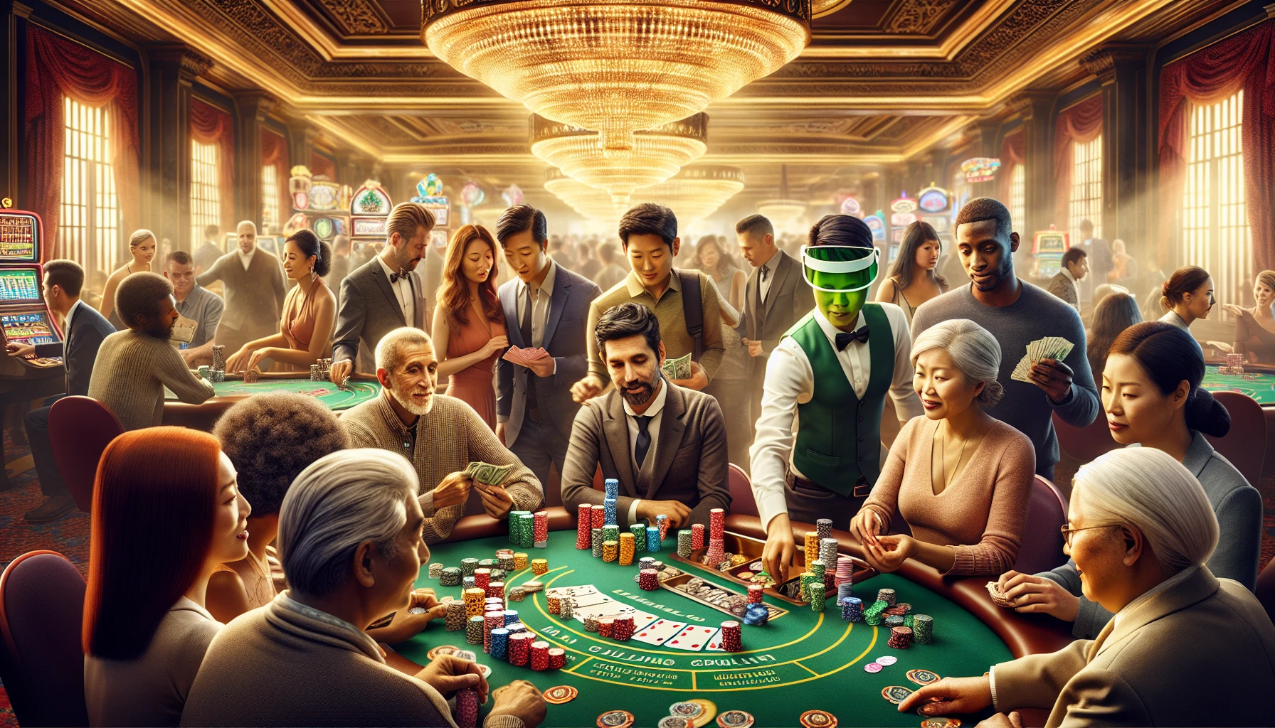 Illustration of a bustling casino with live table games and guests enjoying the gaming experience