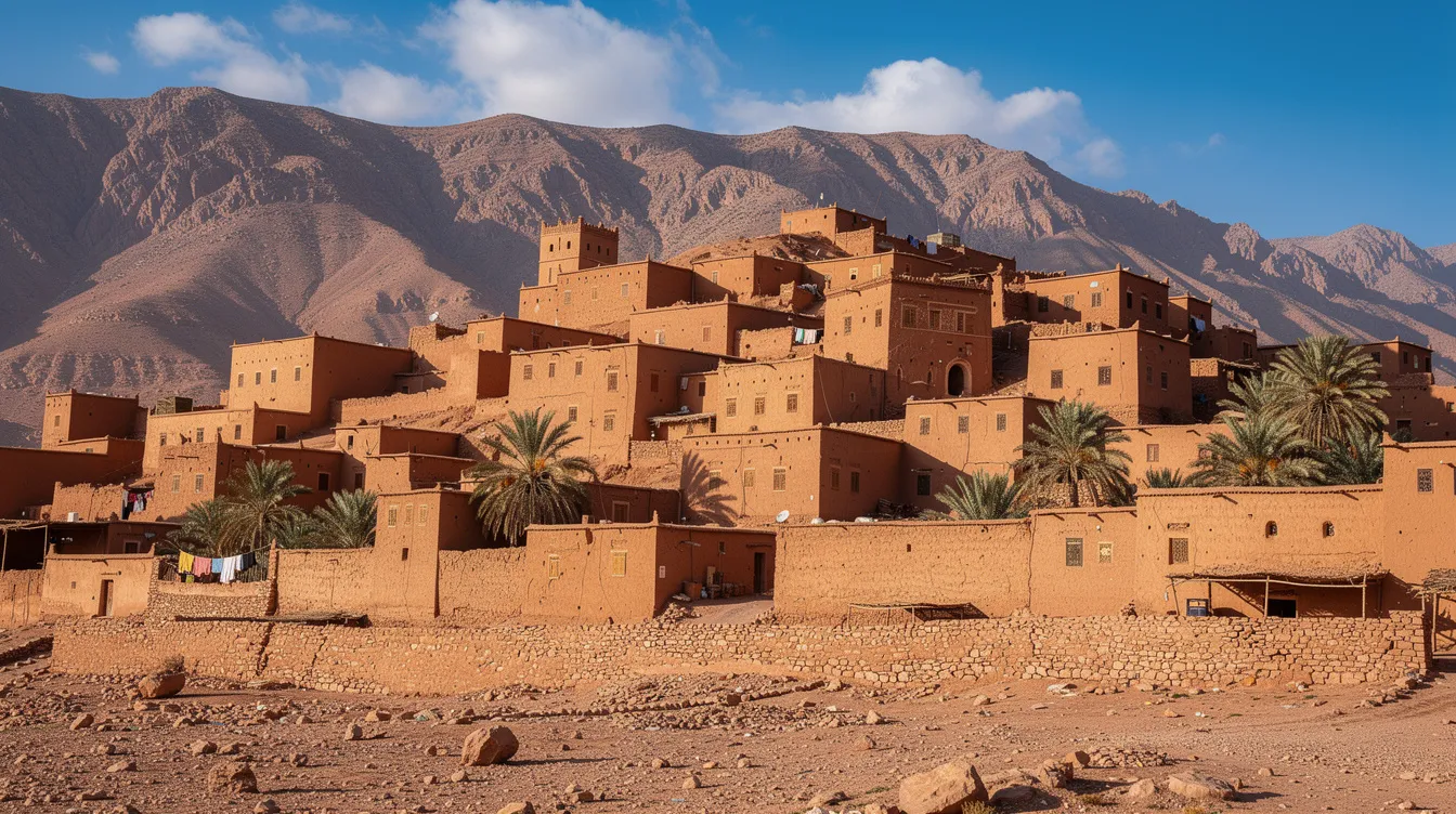 The image depicts a traditional Moroccan ksar featuring mud-brick buildings nestled against the stunning backdrop of the Atlas Mountains. This UNESCO World Heritage site showcases the rich local culture and history of northern Morocco, inviting travelers to explore its ancient kasbahs and experience the beauty of the surrounding landscape.