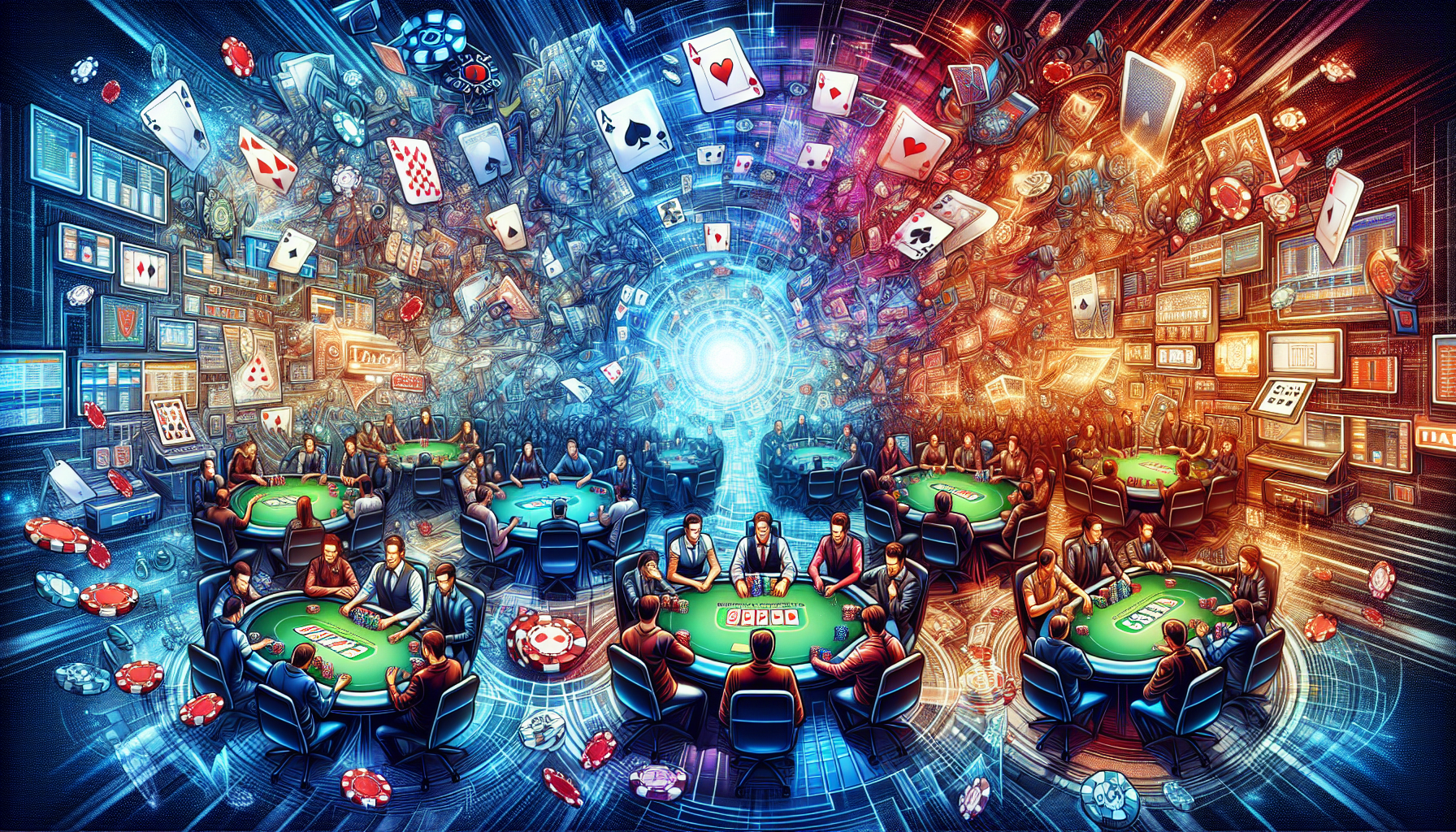 Creative illustration of diverse poker variants and strategies in online casinos