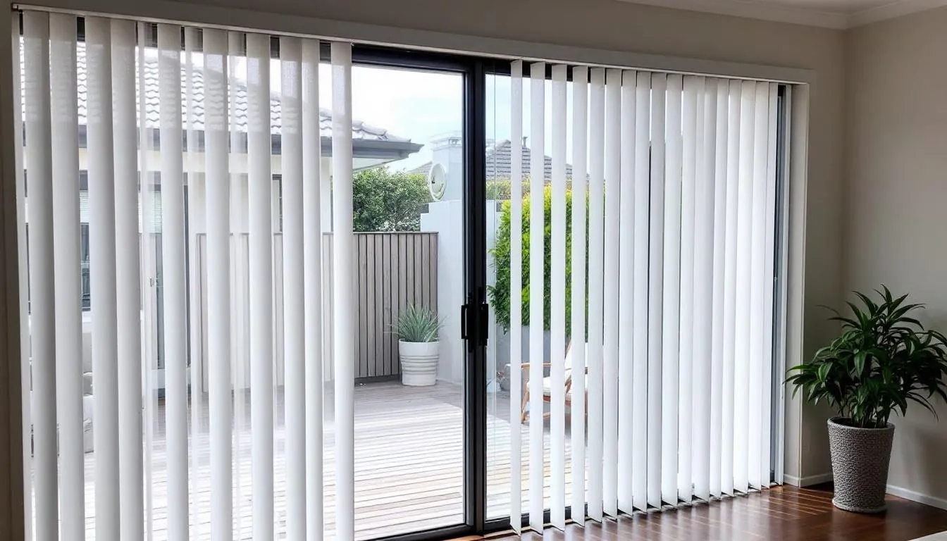 A large sliding door features white vertical blinds that are partially opened, allowing natural light to flood the contemporary Australian home and providing access to the patio. This stylish window covering enhances the living space while offering a perfect blend of light control and privacy.