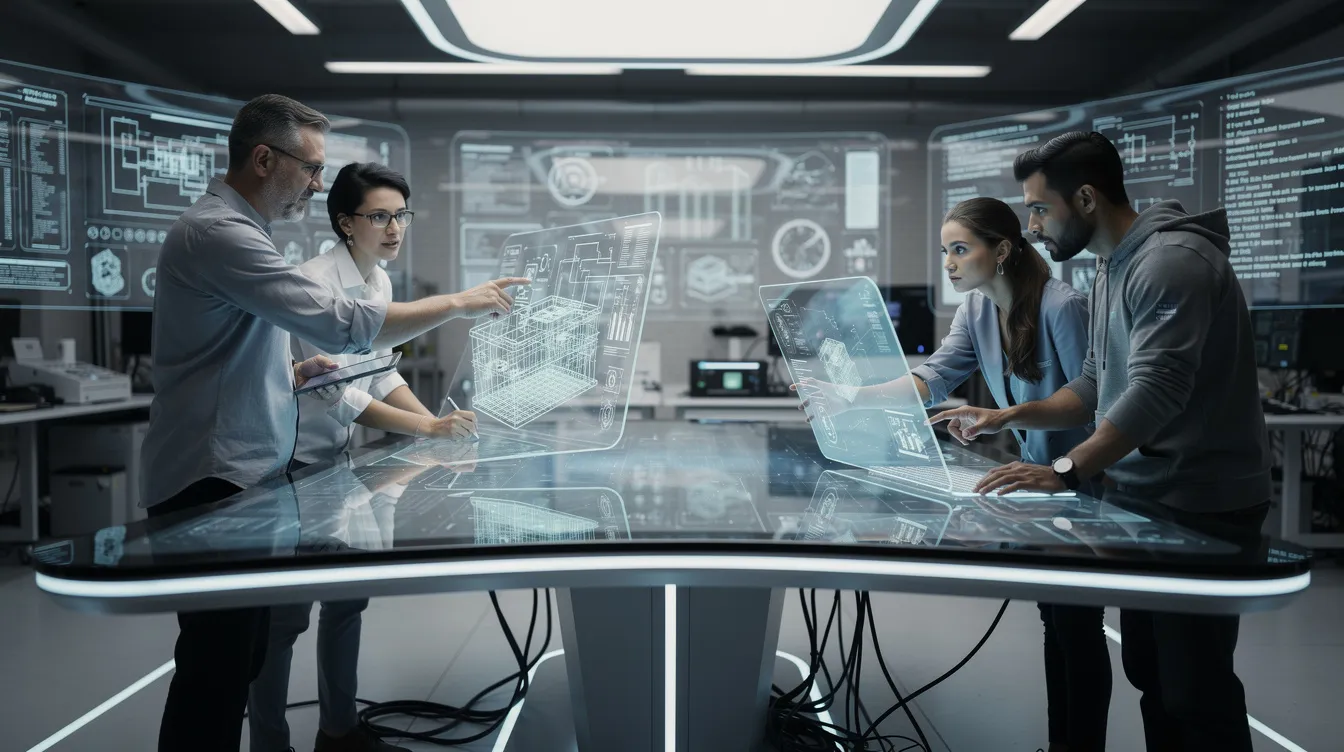 A group of engineers is collaborating around a futuristic workstation, discussing the deployment of autonomous AI agents to enhance enterprise workflows. The setup features advanced technology and tools that facilitate multi-agent collaboration and intelligent automation for complex workflows.