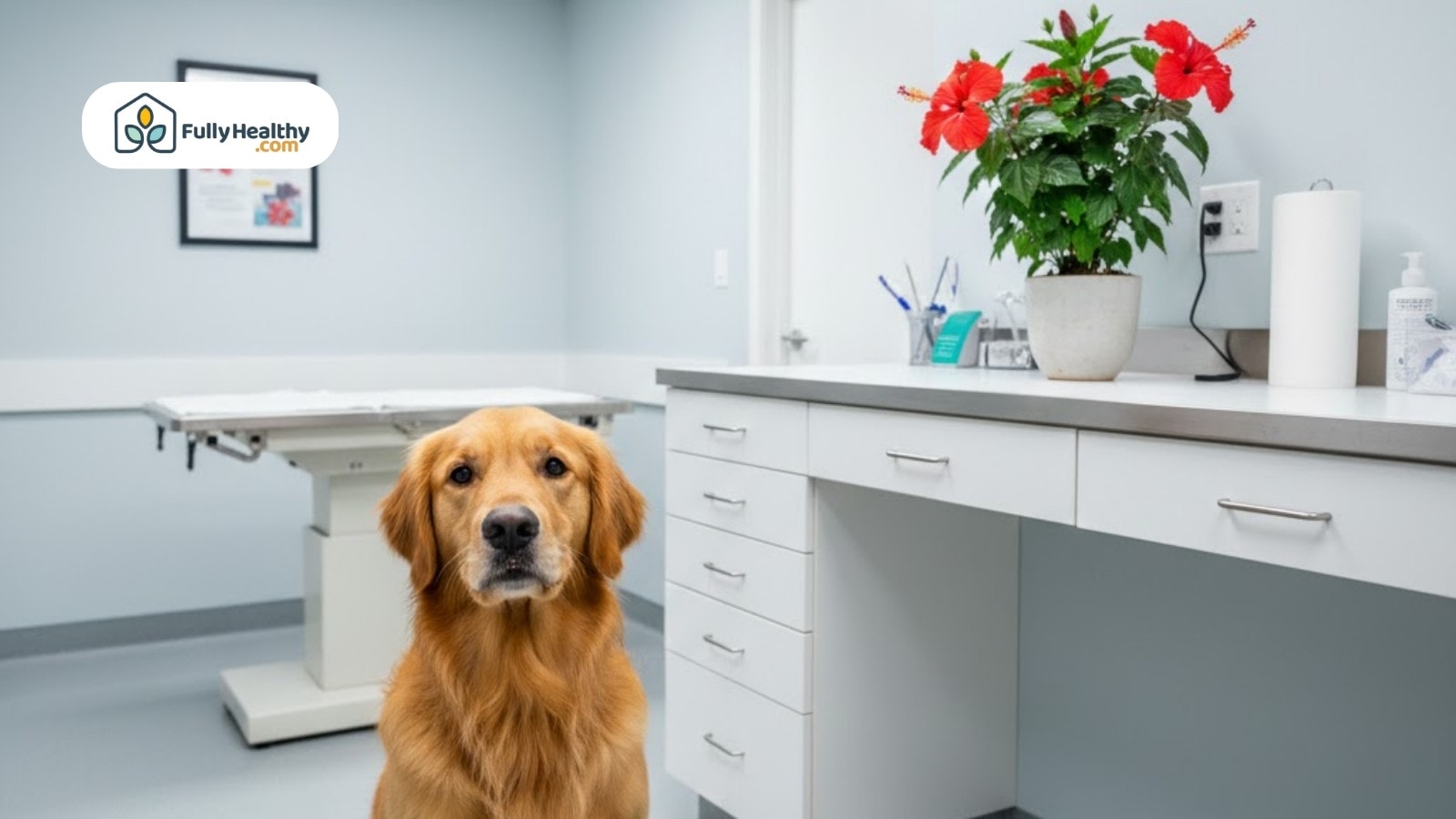 Dog sitting calmly in veterinary exam room with hibiscus plant