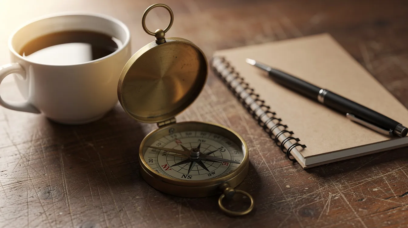 Une boussole repose sur un bureau en bois, à côté d'un carnet et d'une tasse de café, symbolisant la recherche de direction et de sens dans la mission d'une entreprise. Cet outil de navigation évoque l'importance de définir des objectifs clairs et d'établir une stratégie cohérente pour guider l'organisation vers son avenir.