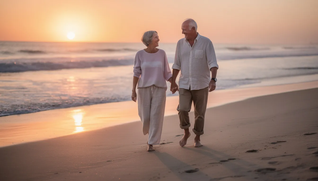 A happy couple in their early 60s strolls along a beach at sunset, enjoying their time together and reflecting on their retirement goals. This serene moment captures the essence of planning for a fulfilling future, emphasizing the importance of informed decisions in retirement financial planning.