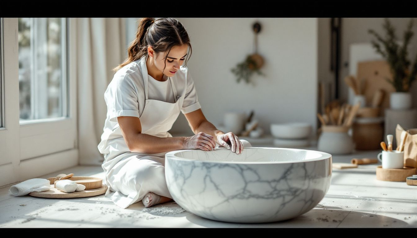 A skilled artisan working on a bespoke sink, demonstrating craftsmanship.