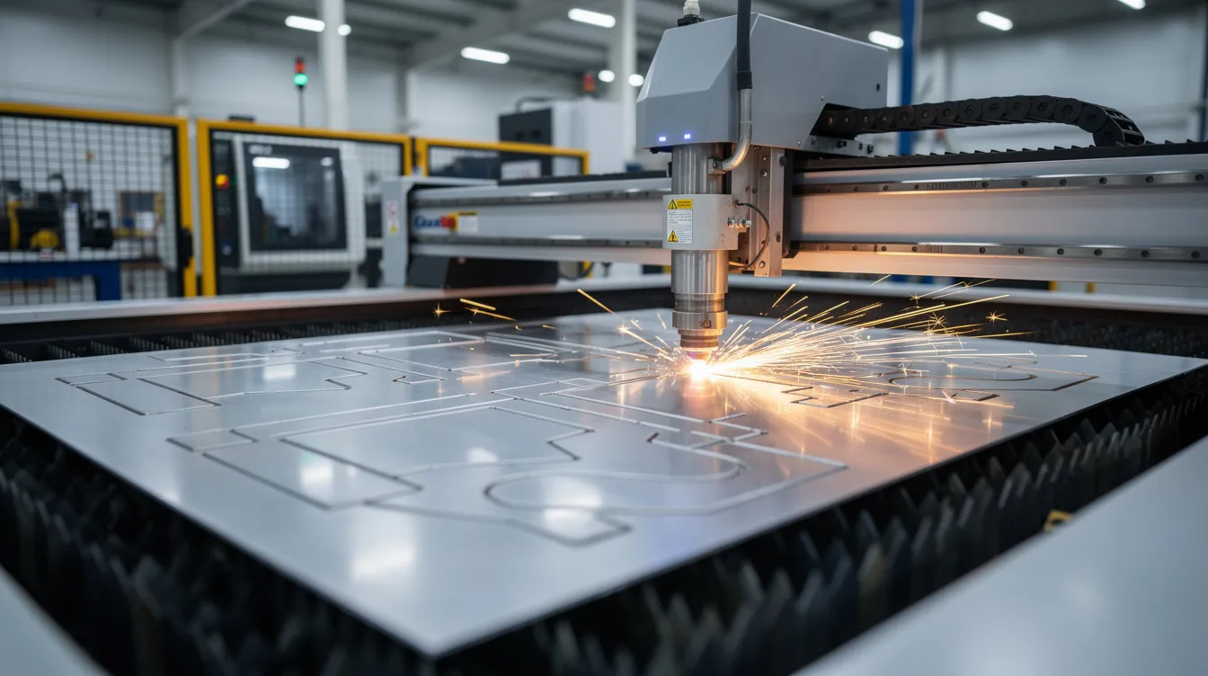 The image shows a modern fiber laser cutting machine in a factory, efficiently processing a thin aluminum sheet, highlighting advanced technology in sheet metal fabrication. The machine is surrounded by industrial equipment, emphasizing its role in producing high precision sheet metal components.