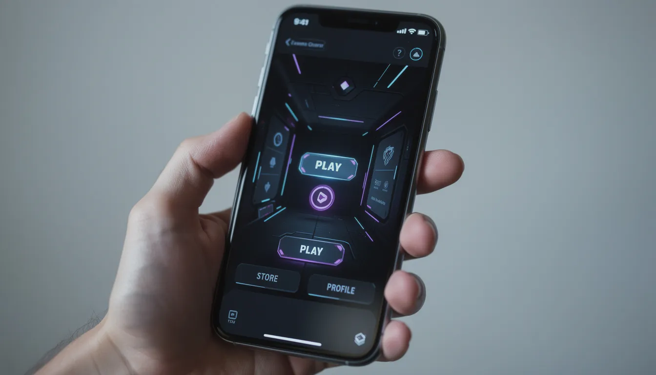 En hand håller en smartphone som visar ett mobilspelsgränssnitt med mörkt tema, vilket ger en modern och stilren känsla. Detta kan relateras till spelupplevelser hos metal casino, där spelare kan njuta av ett stort utbud av spel och snabba uttag.