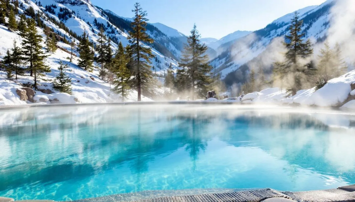 Luxury hot springs spa in Steamboat Springs surrounded by snowy mountains and pine trees