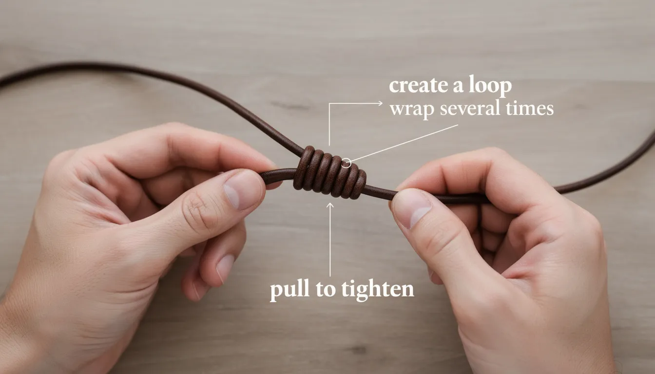 An image illustrating the steps to tie a sliding knot shows a cord being looped and wrapped around itself, with clear details of the knot formation. The visual guide emphasizes the process of pulling and securing the knot, making it easier for viewers to learn this essential skill for creating necklaces and other corded items.