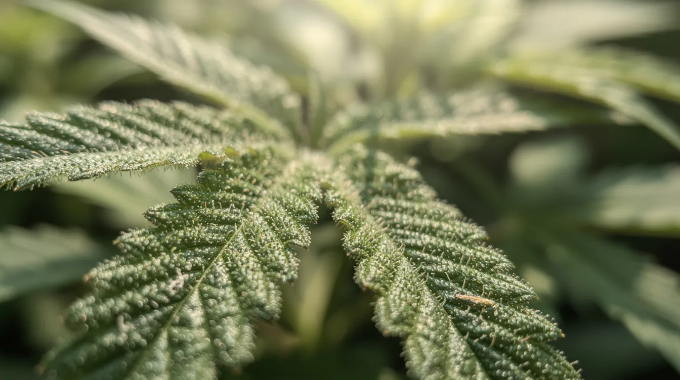 The image features vibrant green cannabis hemp leaves adorned with visible trichomes, illuminated by natural lighting. This depiction highlights the cannabis plant's intricate details, which are essential for understanding hemp-derived compounds and their legal status under federal and state laws, including Iowa's regulations.