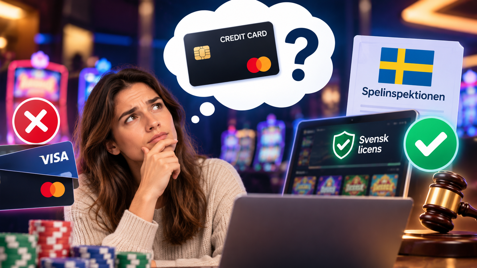Kvinna som undersöker om man får använda kreditkort hos casinon med svensk licens.
