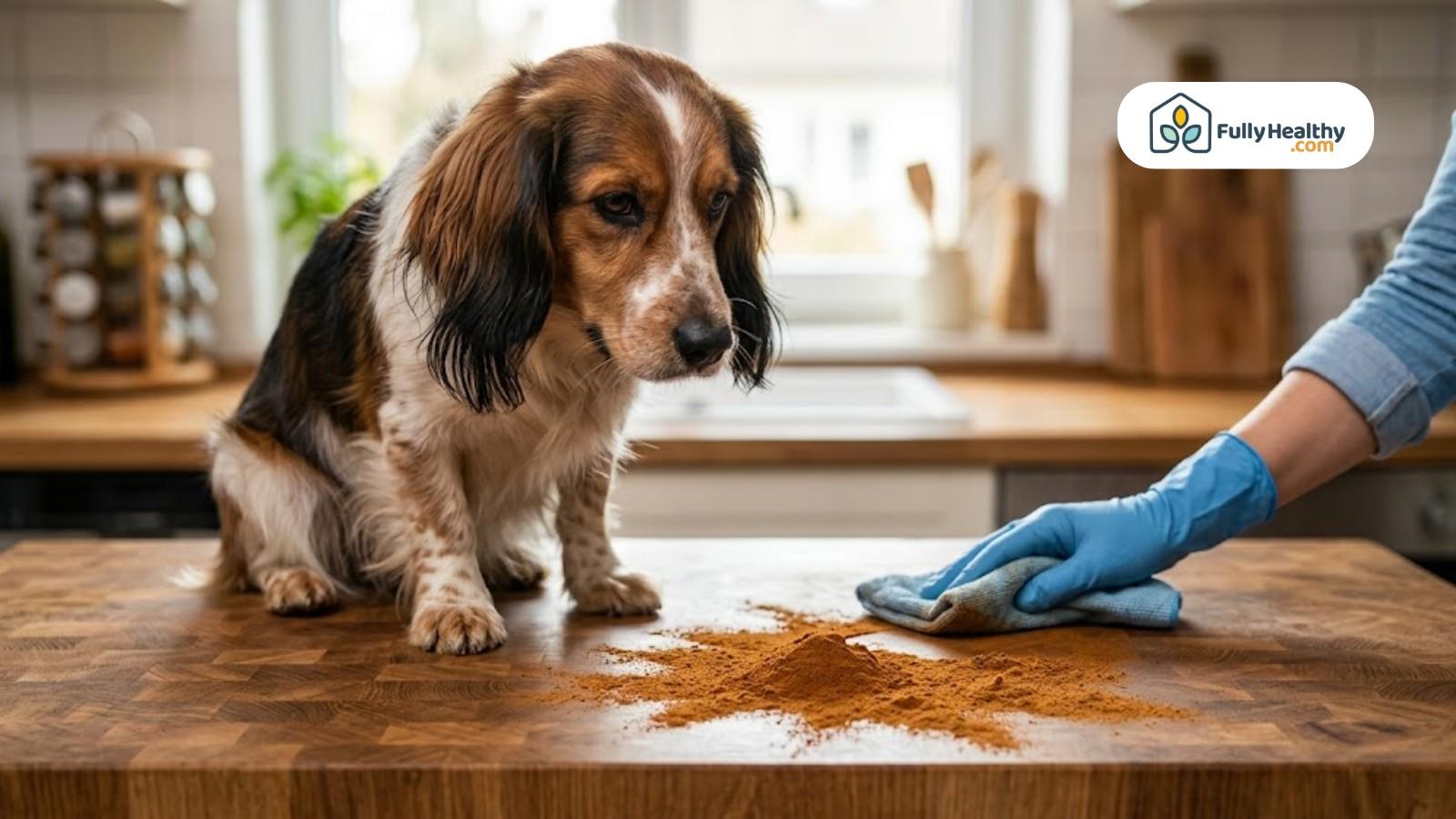 Small dog watching spice spill cleaned from wooden kitchen counter surface