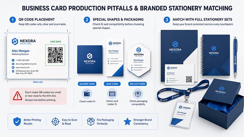 business card production pitfalls showing QR code placement special shape packaging checks and branded stationery matching