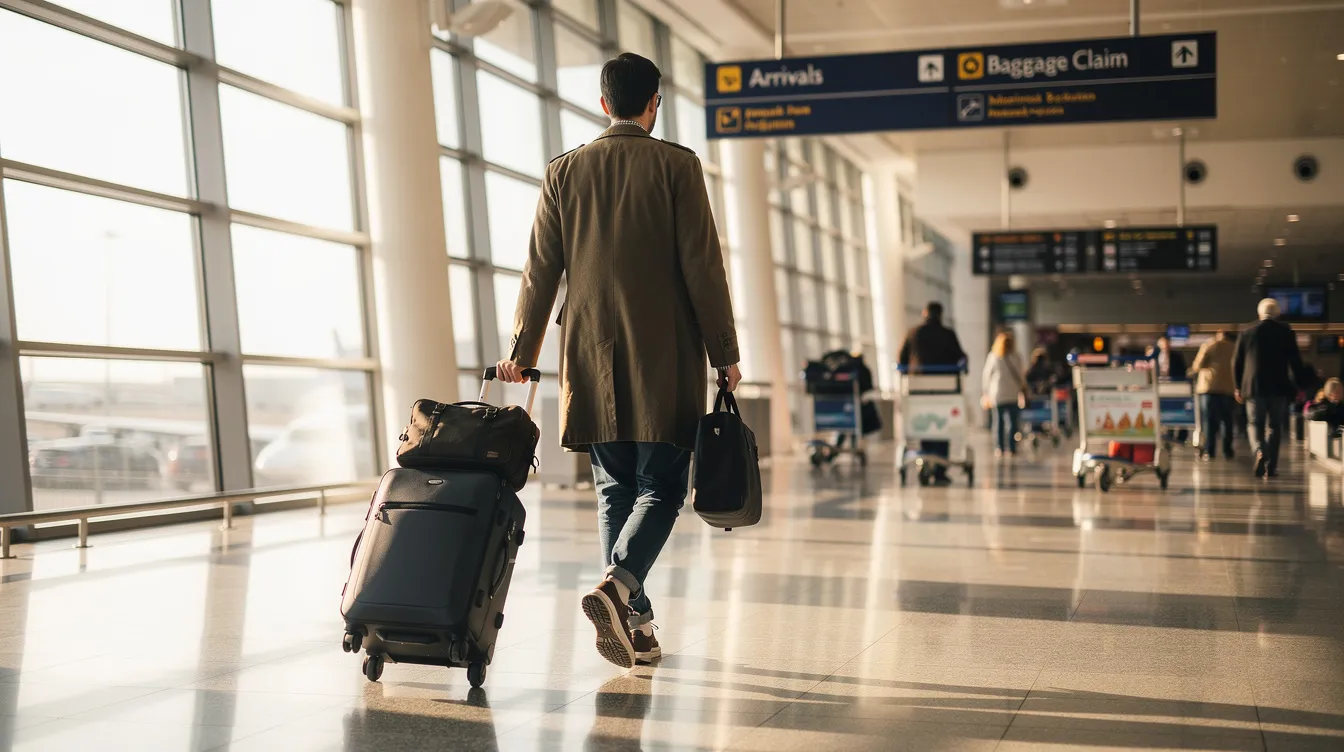 A traveller is seen walking through an airport arrivals terminal, pulling luggage behind them. The scene captures the hustle and bustle of the airport, highlighting the excitement and anticipation of reaching a destination, possibly in the United Kingdom, where a valid passport and visa may be required for entry.