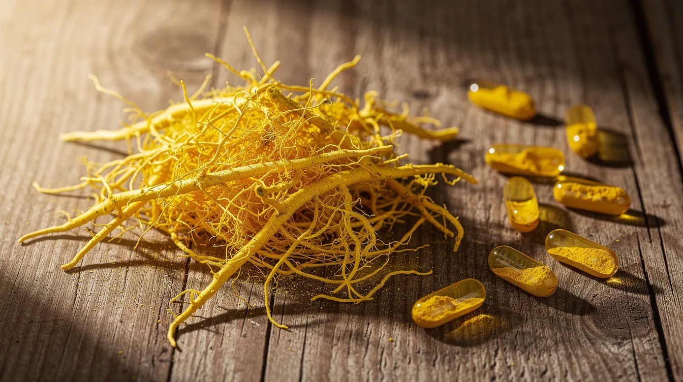 L'image montre des racines jaunes de berberis étalées sur une surface en bois, accompagnées de capsules de complément alimentaire. Ces racines, connues pour leurs bienfaits en matière de perte de poids et de gestion de la glycémie, illustrent l'utilisation de la berbérine dans la médecine traditionnelle.