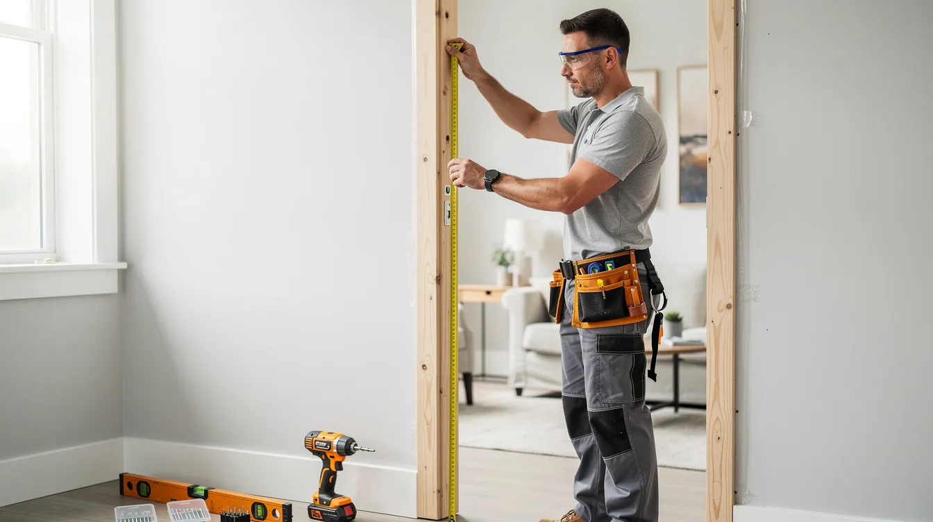 A professional contractor is seen measuring and installing a new door frame, showcasing the process of interior door installation. The image highlights the precision required for proper alignment, essential for ensuring the door functions correctly and enhances the home's curb appeal.