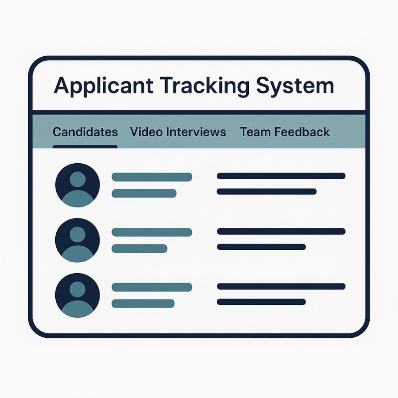 Flat-style illustration of an Applicant Tracking System (ATS) dashboard with navigation tabs labeled “Candidates,” “Video Interviews,” and “Team Feedback.” The interface displays candidate profile icons and corresponding information rows. Design features a clean layout with navy, teal, and white colors, emphasizing streamlined hiring and centralized team collaboration.