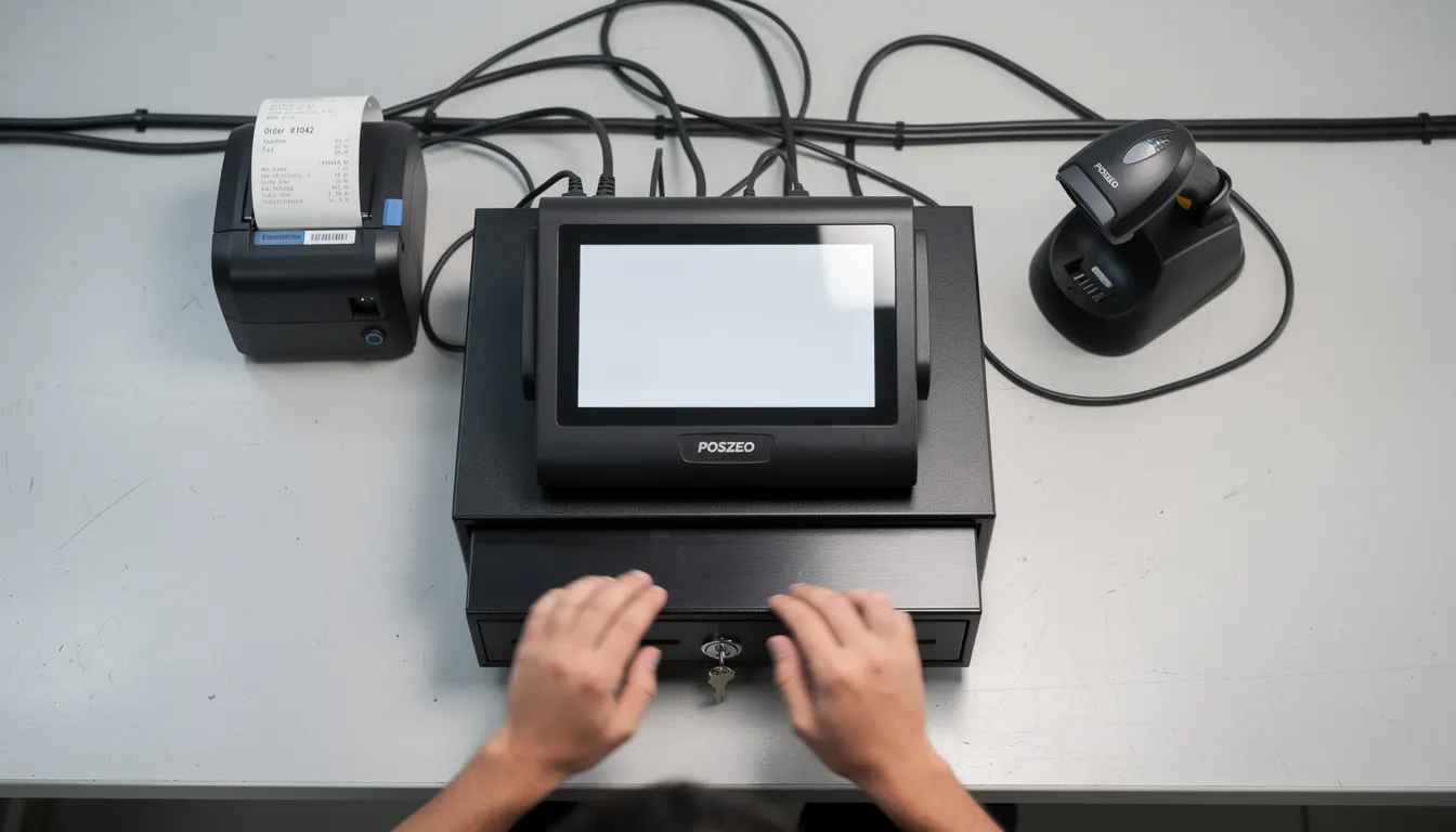 A top-down view captures an IT staging bench featuring a POSZEO terminal connected to a thermal receipt printer, a 2D barcode scanner, and a heavy-duty cash drawer, all organized with clean cables. Blurred hands of a technician are testing the setup, showcasing modern cash register systems designed for efficient sales transactions in retail businesses.