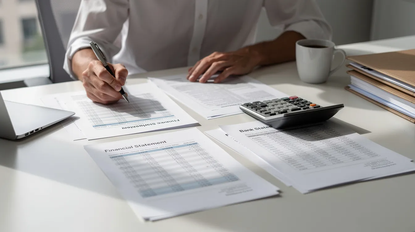 A person is seated at a desk, meticulously reviewing financial statements and bank documents, with a calculator placed nearby. The scene reflects a focus on managing their financial状况, possibly related to清 数 and budgeting for their私人贷款.