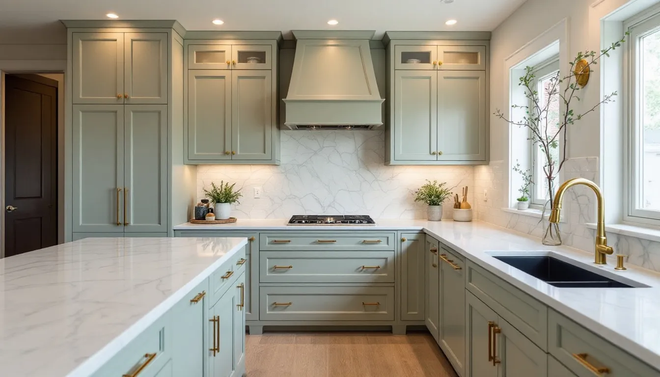 An elegant kitchen renovation showcases Sherwin Williams Clary Sage cabinets paired with luxurious marble countertops and stylish brass hardware, creating a harmonious color palette with muted green tones. The warm lighting enhances the soft white walls, adding to the inviting atmosphere of this beautifully designed space.