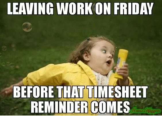 Kid running away meme showing employee escaping timesheet reminders before weekend. Funny timesheet meme capturing the desperate dash to avoid submitting timesheets on time.