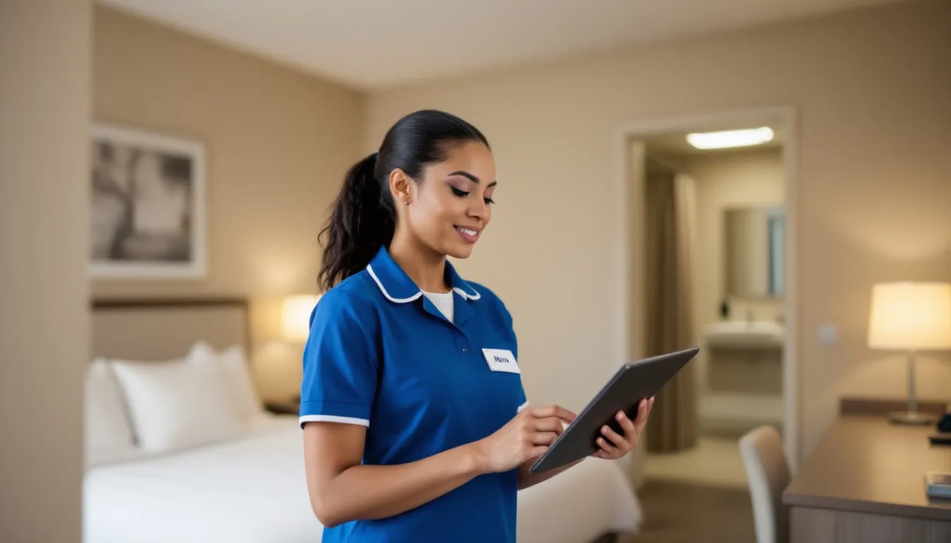 A hotel housekeeper is conducting a room inspection while holding a tablet for digital documentation, ensuring compliance with the hotel's deposit policies and maintaining guest satisfaction. The scene highlights the importance of thorough checks to manage potential damages and secure the hotel property.
