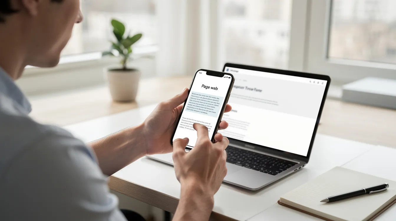 Une personne consulte une page web sur son smartphone dans un espace de travail lumineux, réfléchissant à des stratégies marketing pour générer des leads qualifiés. L'environnement est moderne et propice à la concentration, avec des éléments de bureau bien organisés autour d'elle.