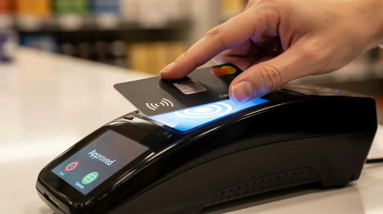 A close-up image shows a hand tapping a contactless bank card on a sleek NFC-enabled payment terminal at a retail counter, illustrating the convenience of modern contactless payment solutions like Apple Pay and Google Pay for in-person transactions. This seamless tap-to-pay functionality enhances the customer experience while ensuring secure digital payments.