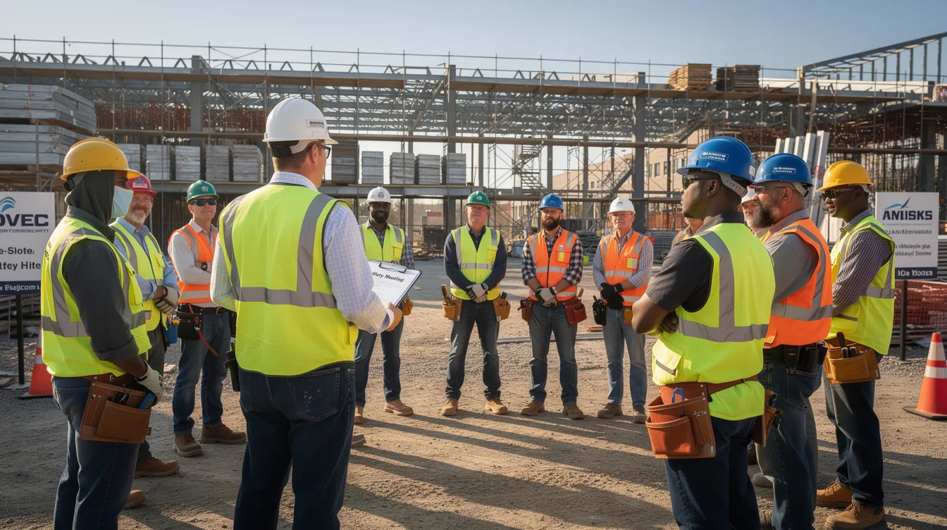 A construction crew gathers for a morning safety meeting outdoors, with a superintendent leading discussion about jobsite hazards and proactive safety practices.