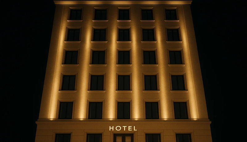 Ultra-slim wall washer lighting providing uniform illumination on a facade.