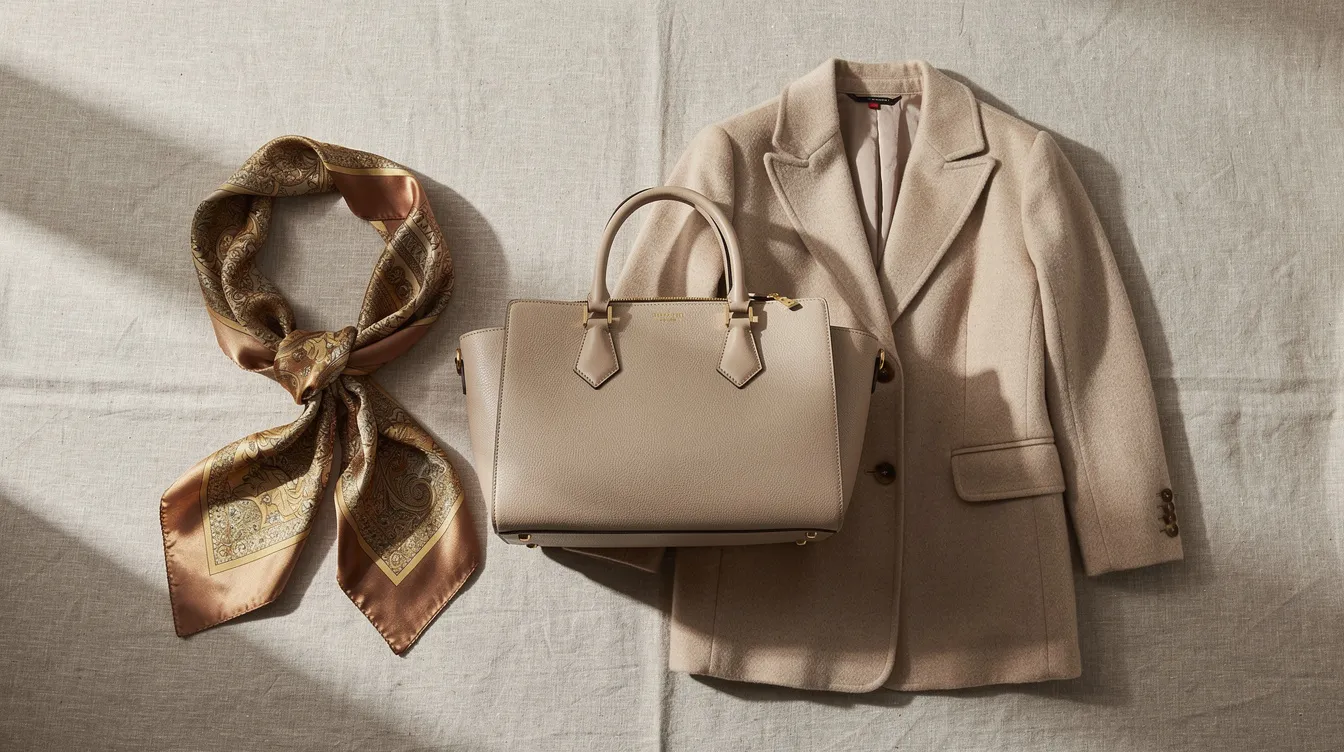 A flat lay showcases a selection of preloved luxury fashion pieces, including a designer Louis Vuitton handbag, a silk scarf, and a tailored Ralph Lauren coat, all elegantly arranged on a neutral linen backdrop. This stylish arrangement highlights the appeal of second hand luxury items, perfect for enhancing any wardrobe.