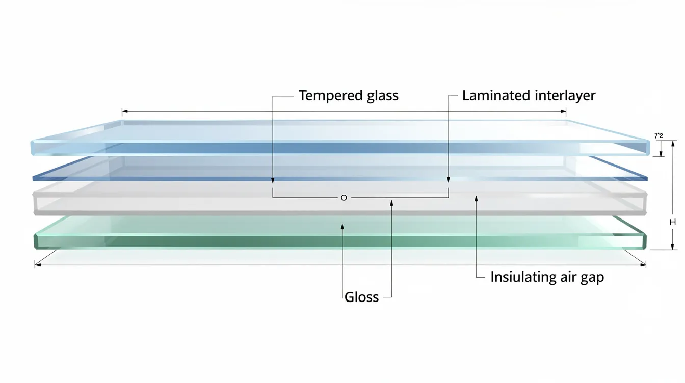 The image shows a cross-section view of layered glass construction, highlighting various types of glass such as laminated security glass and tempered glass. This detailed illustration emphasizes the durability and impact resistance of shatterproof windows, showcasing their ability to protect against break-ins and severe weather conditions.