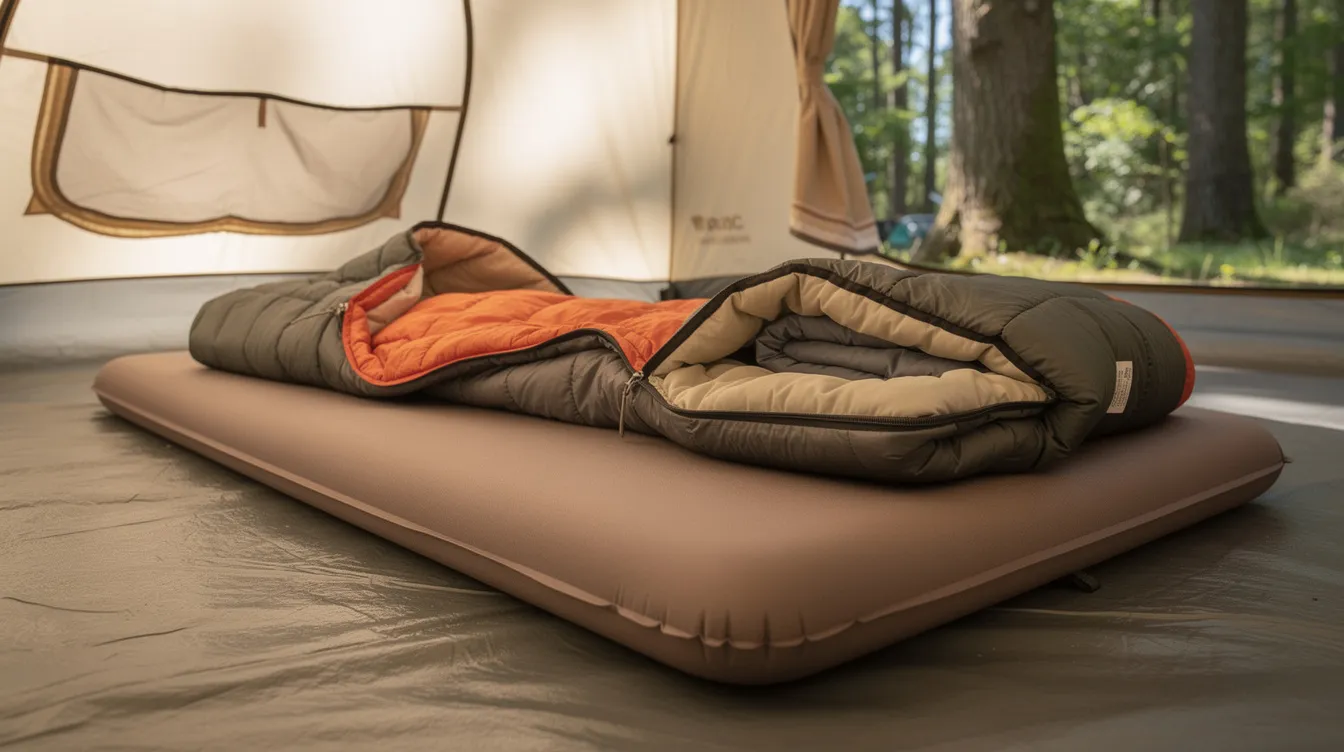 A thick memory foam sleeping pad is unrolled inside a spacious camping tent, with colorful sleeping bags placed on top, creating a cozy and comfortable setup for a night of camping. The pad provides excellent insulation and comfort, making it ideal for families or travelers looking to enjoy warm and restful nights sleeping outdoors.