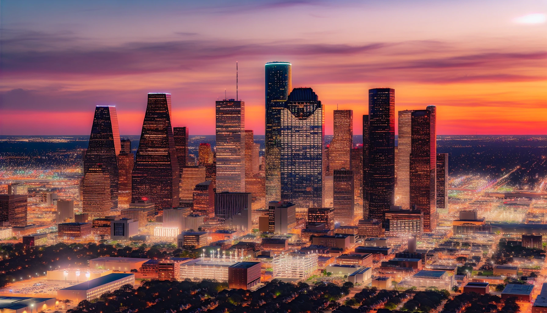 Houston skyline at sunset with city lights