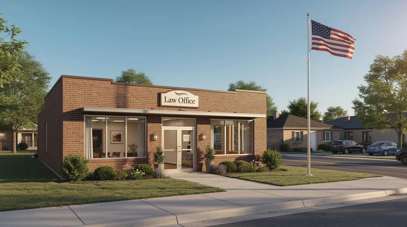 The image shows a small law office exterior adorned with an American flag, basking in the sunlight on a clear day. This inviting setting may be where individuals seek assistance with their disability claims and social security disability benefits.