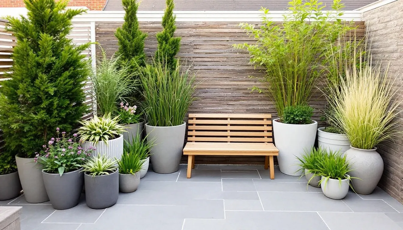 In der Abbildung ist eine attraktive Terrassengestaltung zu sehen, die mit verschiedenen winterharten Kübelpflanzen in unterschiedlichen Höhen und Formen dekoriert ist. Die Pflanzen, darunter Sträucher und Stauden, schaffen eine einladende Oase und sind optimal für die Pflege auf Balkon oder Terrasse geeignet.
