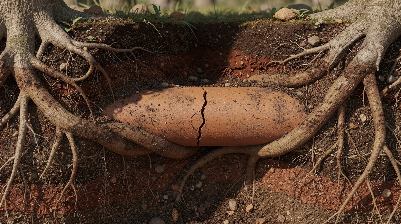 The image depicts tree roots growing and wrapping tightly around an underground clay drainage pipe, illustrating a common issue of tree root intrusion that can lead to clogged drains. This blockage can impede water flow and potentially cause future plumbing problems if left untreated.