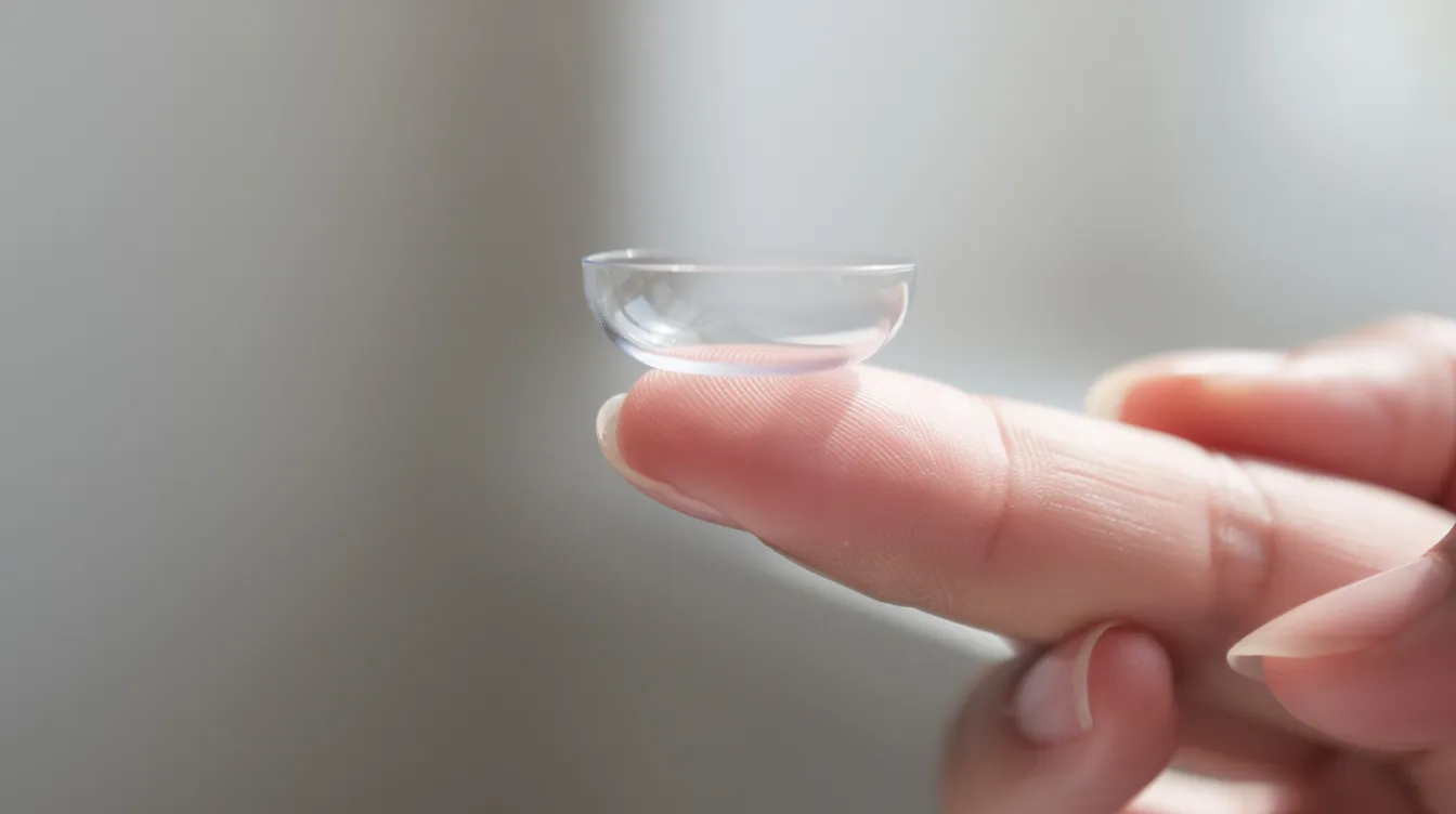 Die Nahaufnahme zeigt eine Hand, die vorsichtig eine Kontaktlinse auf den Zeigefinger legt, während der Hintergrund unscharf bleibt. Diese Darstellung verdeutlicht die Handhabung von Kontaktlinsen als eine mögliche Sehhilfe für Menschen mit Fehlsichtigkeit.