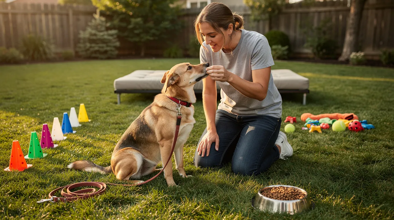 The image depicts a dog in a down position, patiently waiting for a treat held in a closed fist by a person, illustrating the concept of impulse control training. The dog's focused expression and the surrounding environment suggest a fun game designed to teach self-control and reinforce positive behavior.