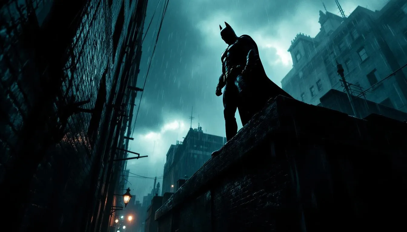 A dramatic scene from a Nolan-directed film, showcasing the intensity of Batman Begins.