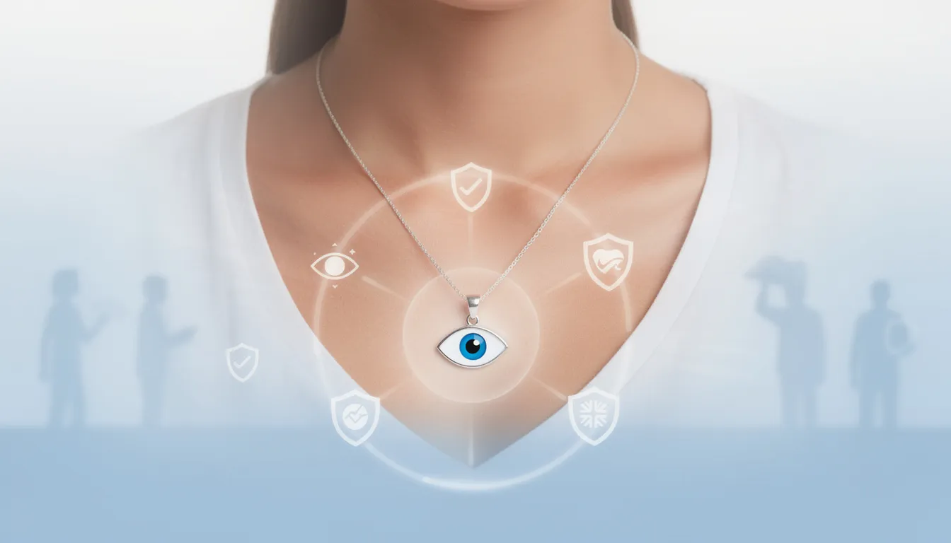The image features a stunning sterling silver evil eye necklace, designed to ward off bad luck and negativity. This elegant piece of evil eye jewellery is perfect for wearing solo or layering with other necklaces, making it a unique addition to any jewellery collection.