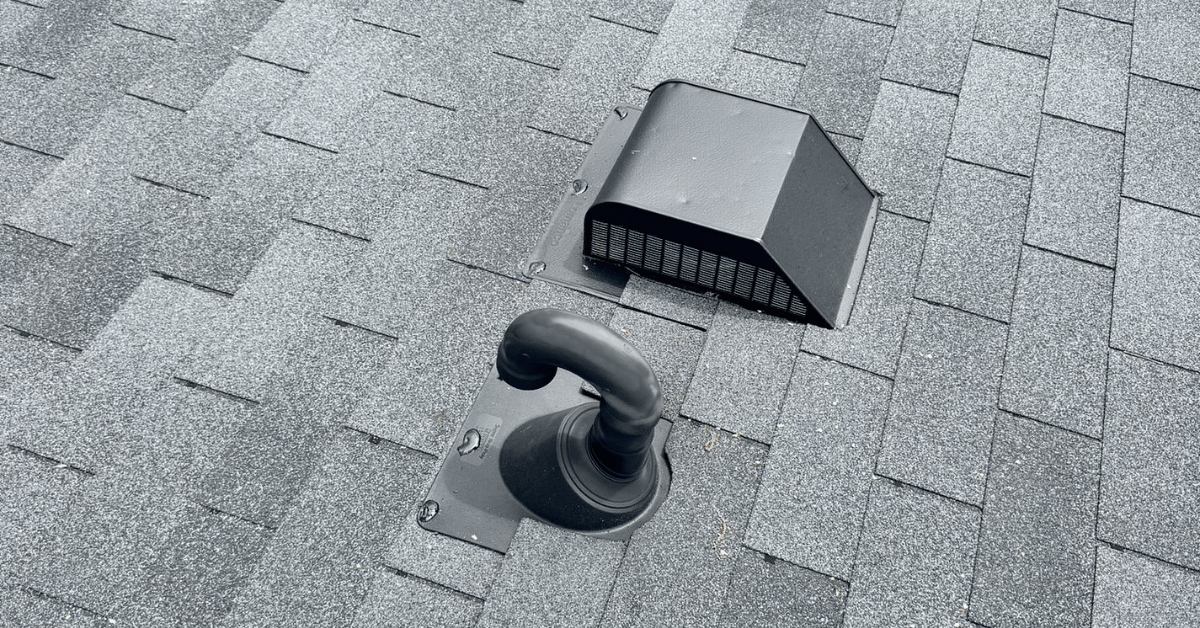 Roof ventilation system including an exhaust vent and plumbing vent pipe, properly sealed and installed.