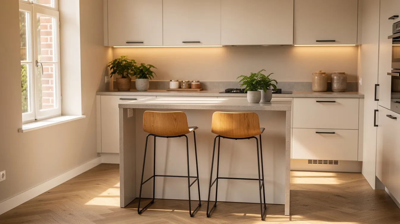 Een gezellige woonkeuken met een kookeiland en een bar, waar twee comfortabele barkrukken met houten zittingen en metalen poten staan. De barkrukken hebben een zithoogte van 75 cm, perfect voor een ontspannen zithouding aan de bar.